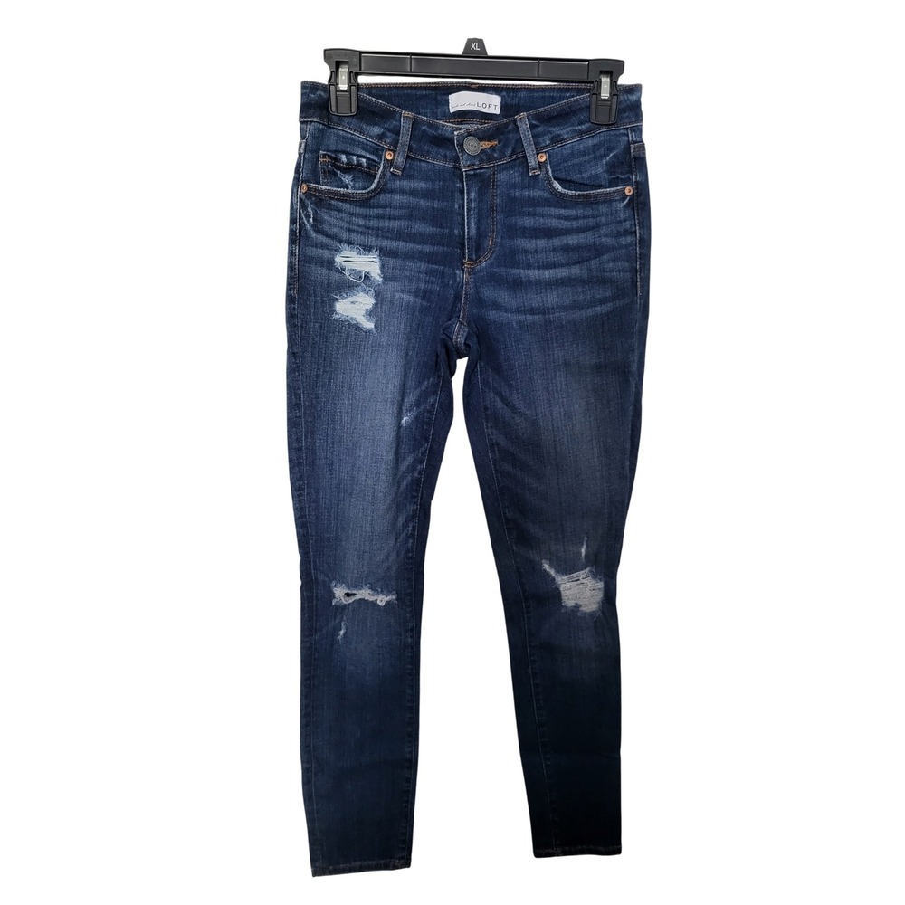 Loft Curvy Skinny Jeans Women 25/0 Dark Wash Distressed Ripped Denim Stretch